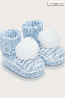 The White Company Blue Organic Cotton Stripe Knitted Pom Booties (Q92850) | $40