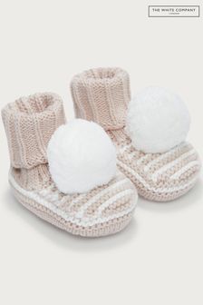 The White Company Cream Organic Cotton Stripe Knitted Pom Booties