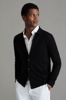 Reiss Black Forbes Merino Wool Button-Through Cardigan (Q92967) | Kč5,310