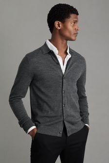 Derby/Grau meliert - Reiss Forbes Strickjacke aus Merinowolle mit Knopfleiste (Q92971) | 184 €