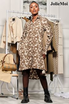 Jolie Moi Brown Abstract Print Dipped Hem Shirt Dress (Q93000) | €39