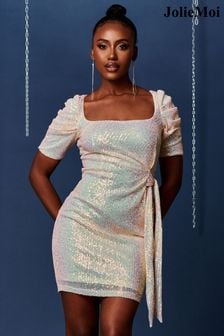 Ołówkowa sukienka Jolie Moi Cream z kwadratowym dekoltem i cekinami (Q93001) | 237 zł