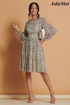 Jolie Moi Cream Long Sleeve Chiffon Midi Dress (Q93009) | €89