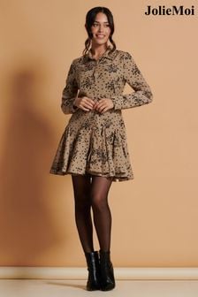 Jolie Moi Brown Long Sleeve Fit & Flare Shirt Dress (Q93016) | kr779