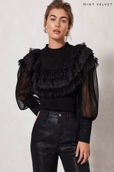 Mint Velvet Black Black Tulle Ruffle Top (Q93135) | 76 €