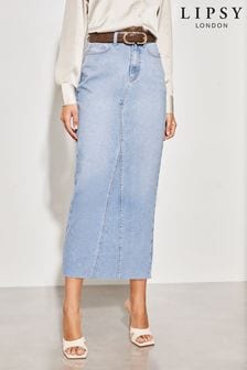 Lipsy Mid Wash Blue Petite Denim High Waist Maxi Skirt (Q93229) | 189 QAR