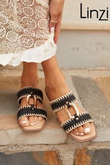 Linzi Black JoJo Flat Sandals With Raffia Straps And Large Buckle Detail (Q93300) | $51