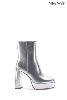 Nine West Womens 'Sarabel 2' Silver Metallic Block Heel Platform Ankle Boots with Zipper