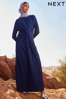 Navy Blue Plisse Long Sleeve Knotted Dress (Q93378) | ₪ 217