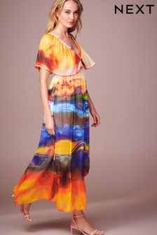 Multi Scenic Print Angel Sleeve Tiered Maxi Dress (Q93802) | $112