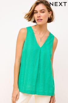 Green Linen Blend V-Neck Summer Top (Q93807) | $38