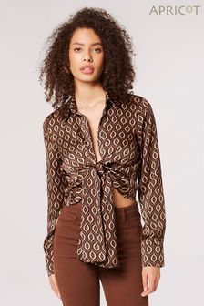 Apricot Brown Tie Front Shirt in Geo Print (Q94088) | $56