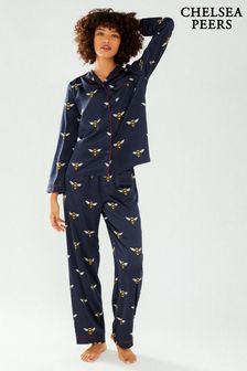 Chelsea Peers Blue Bee Satin Button Up Long Pyjama Set (Q94258) | €69