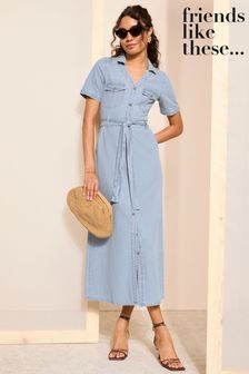 Friends Like These Light Blue Tie Waist Denim Shirt Midi Dress (Q94281) | €58