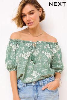 Green Floral Print Short Sleeve Tie Neck Bardot Blouse (Q94343) | AED96