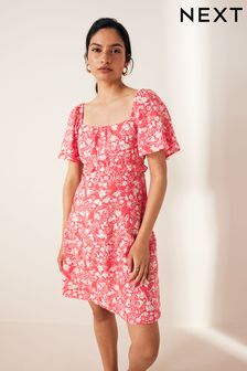Red/White Ditsy Floral Print Flutter Sleeve Summer Mini Dress (Q94537) | €39