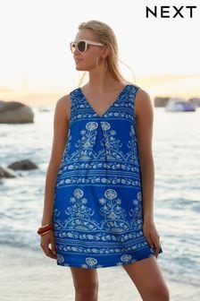 Blue and White Print Linen Blend V-Neck Summer Mini Dress (Q94539) | 198 QAR