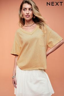 Yellow Oversized Linen Look Washed Pocket Detail Slouch V-Neck T-Shirt (Q94717) | KRW38,800