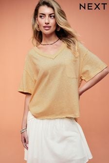 Yellow Oversized Linen Look Washed Pocket Detail Slouch V-Neck T-Shirt (Q94717) | $30