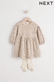 Tan Brown Leopard Print Baby Jersey Dress With Tights (0mths-2yrs) (Q94805) | $21 - $25