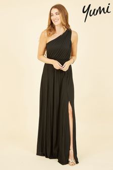Yumi Black One Shoulder Pleated Maxi Dress With Split Hem (Q94841) | SGD 126