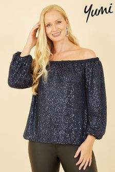 Yumi Blue All Over Sequin Bardot Long Sleeve Top (Q94852) | 2,575 UAH