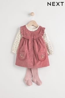 Pink Embroidered Baby Corduroy Pinafore Dress With Tights (0mths-2yrs) (Q94874) | $39 - $43