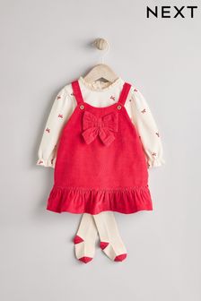 Red 3D Bow Baby Corduroy Pinafore Dress With Tights (0mths-2yrs) (Q94907) | ¥ 4,660 - ¥ 5,050