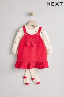 Red 3D Bow Baby Corduroy Pinafore Dress With Tights (0mths-2yrs) (Q94907) | $41 - $45