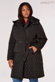 Apricot Black Quilted Tie Waist Hooded Parka Coat (Q95533) | $156