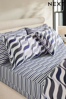 Blue Stripe 100% Cotton Printed Fitted Sheet And Pillowcase Set