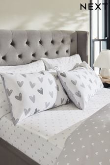 Grey Heart Printed Fitted Sheet and Pillowcase Set