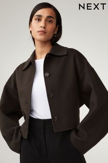 Brown Handsewn Wool Blend Cropped Coat (Q95786) | kr1,136