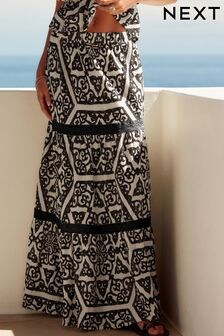 Black/White Textured 100% Cotton Maxi Skirt With Crochet Trim (Q95811) | $38