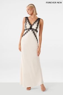 Forever New White Amelia Lace Trim Satin Midi Dress (Q95863) | kr1,688