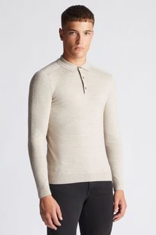 Remus Uomo Brown Slim Fit Merino Wool-Blend Long Sleeve Knitted Polo Shirt (Q95903) | €108