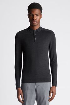 Remus Uomo Grey Slim Fit Merino Wool-Blend Long Sleeve Knitted Polo Shirt (Q95905) | €108