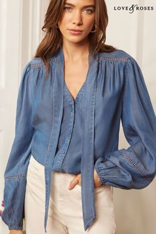 Love & Roses Blue Tencel Long Sleeve Tie Neck Shirred Cuff Blouse (Q95916) | $83