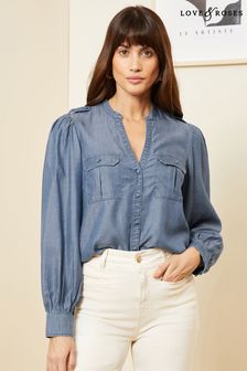 藍色TENCEL™ - Love & Roses V領工裝縫紐扣襯衫 (Q95919) | NT$1,630