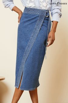 Love & Roses Midwash Blue Wrap Denim Midi Skirt (Q95924) | CA$109