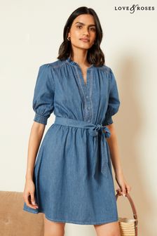 Love & Roses Chambray Trim Puff Sleeve Dress