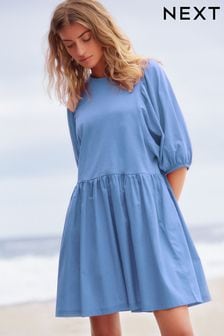 Blue Puff Sleeve Mini Jersey Dress (Q96084) | AED100