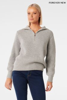 Forever New Grey Danielle Quarter Zip Knit Jumper (Q96117) | kr1,038