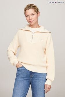 Tommy Hilfiger Cream Half Zip Knit Sweater (Q96268) | OMR83