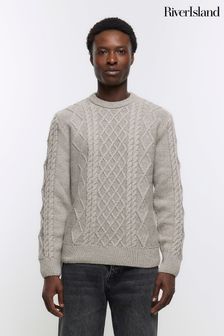 River Island Grey Slim Fit Cable Knit Jumper (Q96468) | OMR18