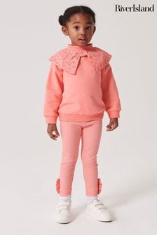 River Island Pink Girls Coral Broderie Bow Sweat Set (Q96614) | €35