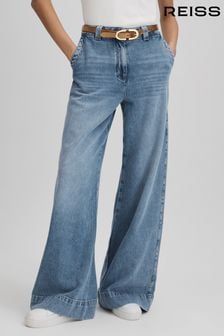 Reiss Light Blue Olivia Wide Leg Contrast Stitch Jeans (Q96619) | $265