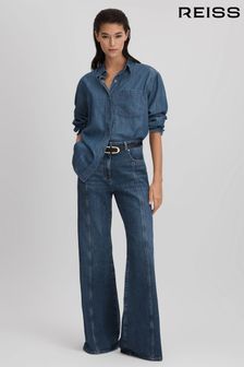 Reiss Mid Blue Juniper Petite Flared Front Seam Jeans (Q96635) | $336