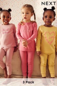 Pink/Yellow Slogan Printed Pyjamas 3 Pack (9mths-12yrs) (Q96772) | OMR11 - OMR15