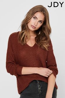 JDY Brown V-Neck Relaxed Textured Knitted Jumper (Q96897) | SGD 43
